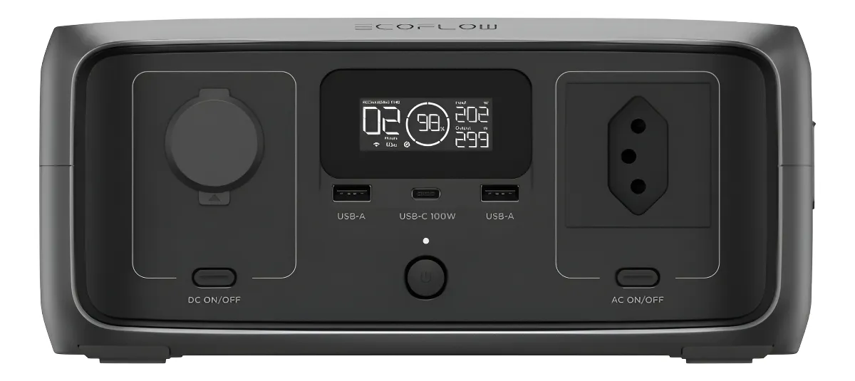 Painel frontal da estação de energia Ecoflow River 3 com portas e tela LCD