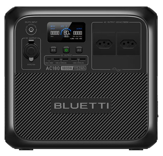 Painel frontal da estação de energia Bluetti AC180 com portas e tela LCD