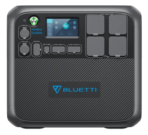 Painel frontal da estação de energia Bluetti AC200MAX com portas e tela LCD