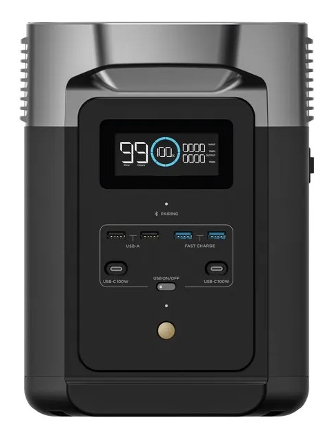 Painel frontal da estação de energia ecoflow delta 2 com portas e tela LCD