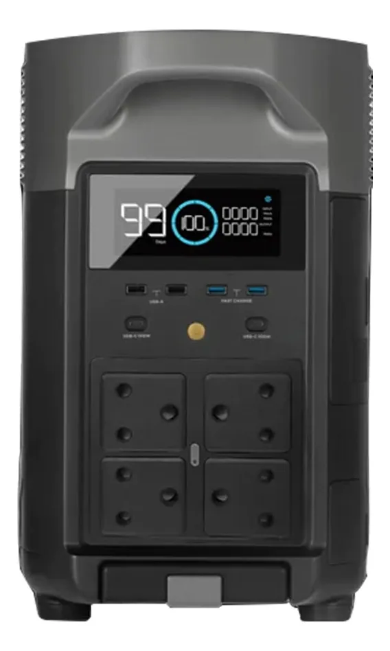 Painel frontal da estação de energia ecoflow delta PRO com portas e tela LCD