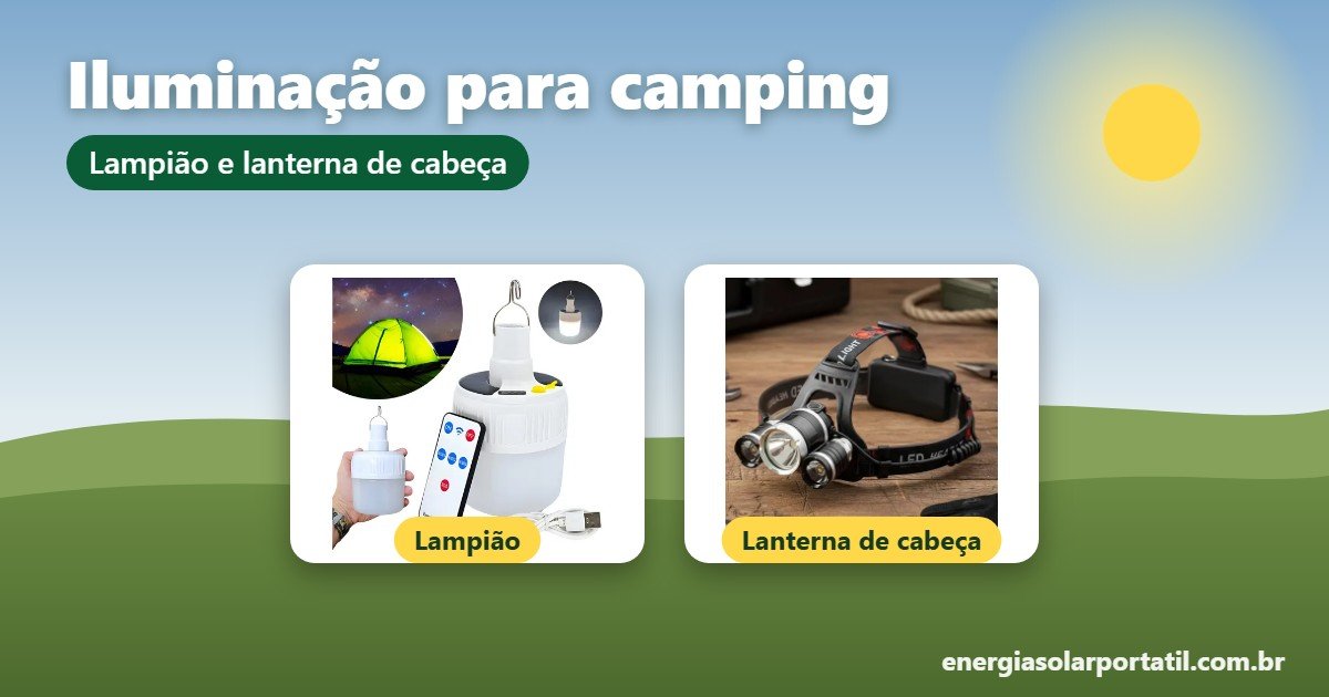 Lampião recarregável e lanterna de cabeça para camping